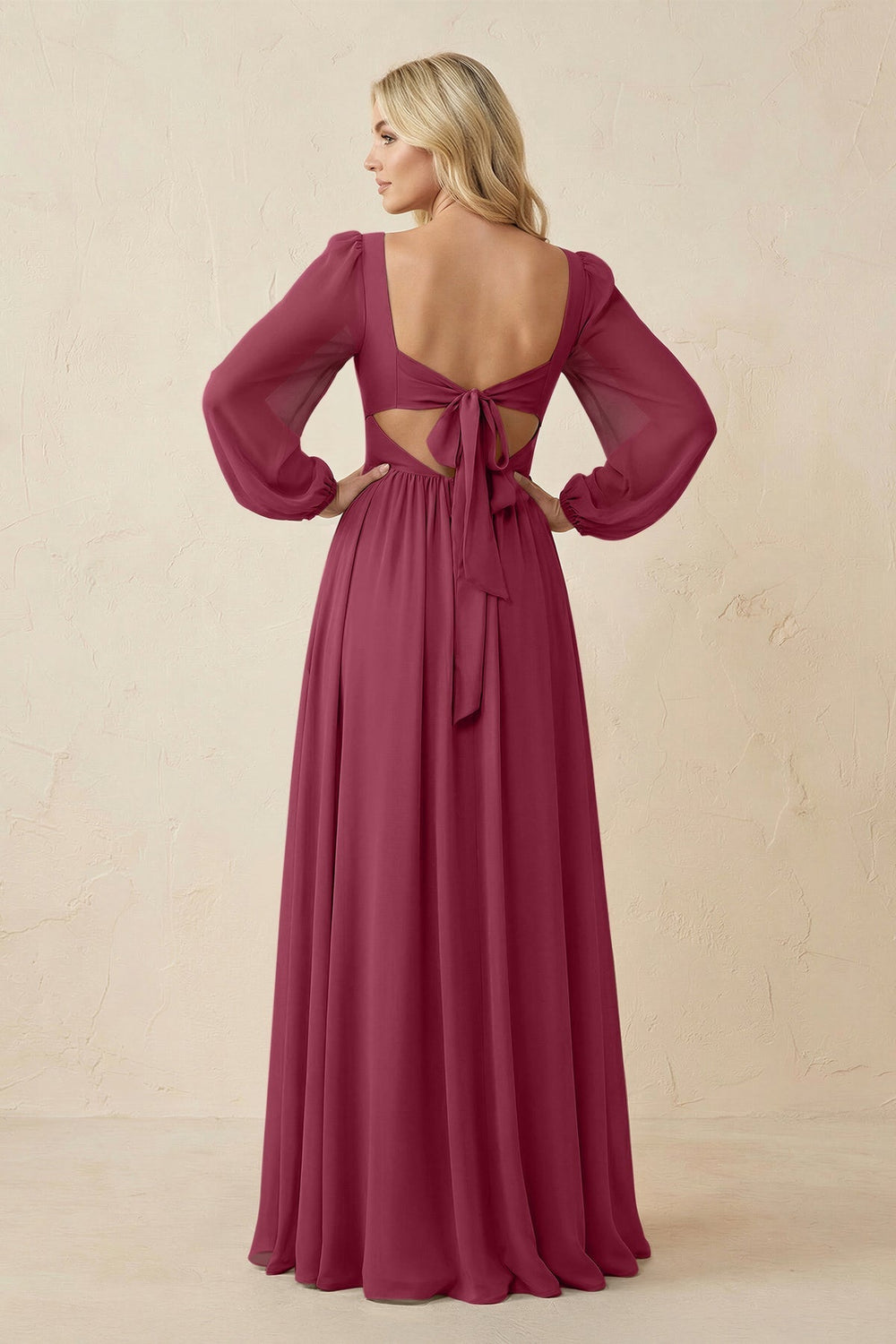 Long Sleeve V - Neck A - Line Chiffon Bridesmaid Dress in Desert Rose - KISS BRIDAL Bridesmaid Dresses