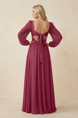Long Sleeve V - Neck A - Line Chiffon Bridesmaid Dress in Desert Rose - SHE IS ME Bridesmaid Dresses