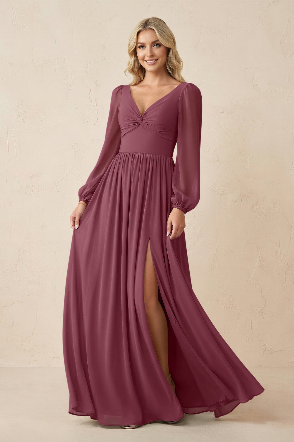 Long Sleeve V-Neck A-Line Chiffon Bridesmaid Dress in Desert Rose