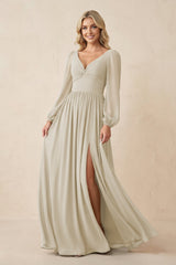 Long Sleeve V - Neck A - Line Chiffon Bridesmaid Dress in Dove Gray - KISS BRIDAL Bridesmaid Dresses