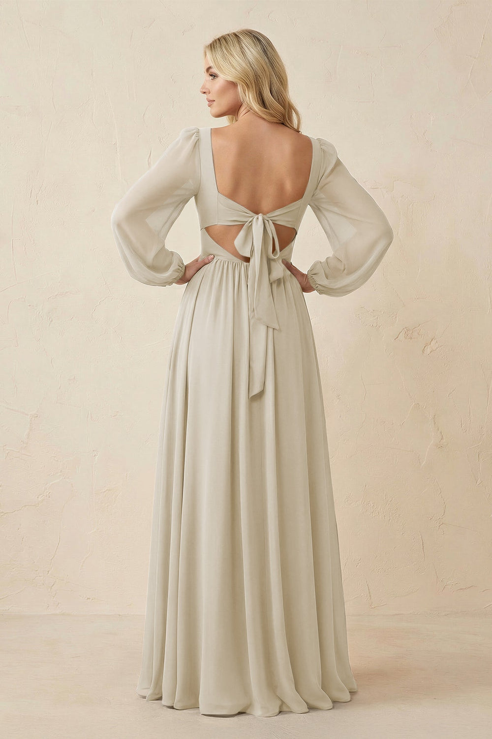 Long Sleeve V - Neck A - Line Chiffon Bridesmaid Dress in Dove Gray - KISS BRIDAL Bridesmaid Dresses