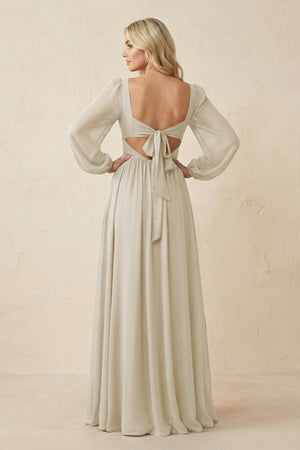 Long Sleeve V - Neck A - Line Chiffon Bridesmaid Dress in Dove Gray - SHE IS ME Bridesmaid Dresses
