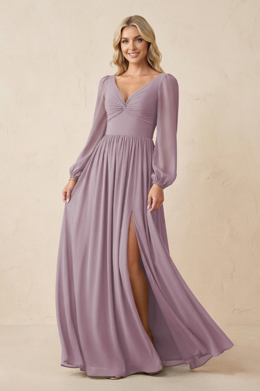Long Sleeve V - Neck A - Line Chiffon Bridesmaid Dress in Dusk - KISS BRIDAL Bridesmaid Dresses