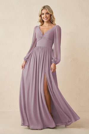 Long Sleeve V - Neck A - Line Chiffon Bridesmaid Dress in Dusk - SHE IS ME Bridesmaid Dresses