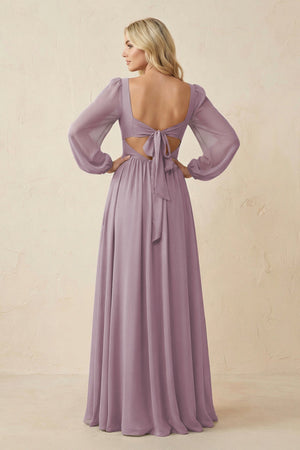 Long Sleeve V - Neck A - Line Chiffon Bridesmaid Dress in Dusk - SHE IS ME Bridesmaid Dresses