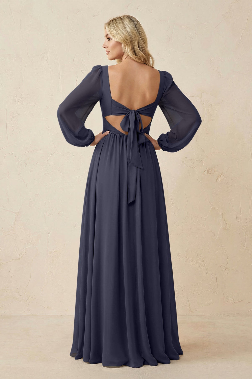 Long Sleeve V - Neck A - Line Chiffon Bridesmaid Dress in Dusk Blue - KISS BRIDAL Bridesmaid Dresses