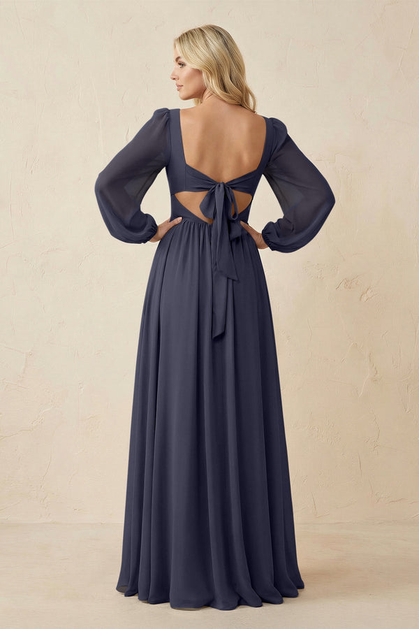 Long Sleeve V - Neck A - Line Chiffon Bridesmaid Dress in Dusk Blue - SHE IS ME Bridesmaid Dresses