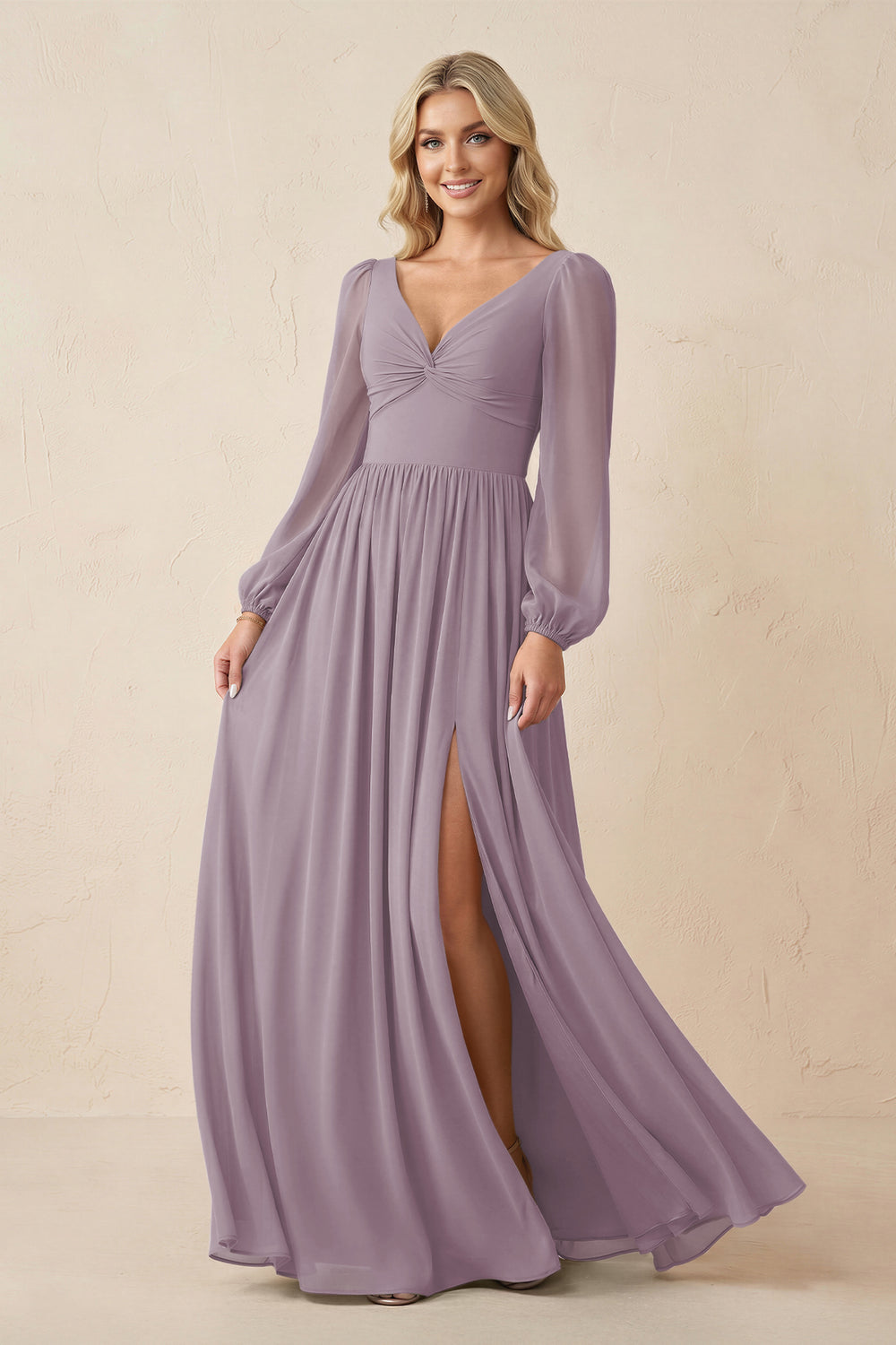 Long Sleeve V-Neck A-Line Chiffon Bridesmaid Dress in Dusk