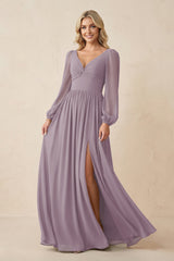 Long Sleeve V-Neck A-Line Chiffon Bridesmaid Dress in Dusk | KISSBRIDAL