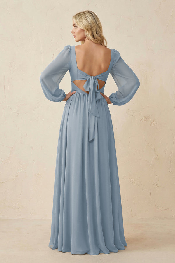 Long Sleeve V-Neck A-Line Chiffon Bridesmaid Dress in Dusty Blue (2) | KISSBRIDAL
