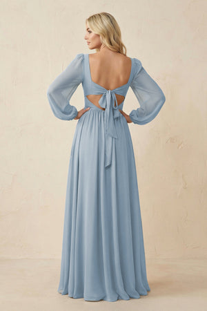 Long Sleeve V - Neck A - Line Chiffon Bridesmaid Dress in Dusty Blue - SHE IS ME Bridesmaid Dresses