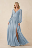 Long Sleeve V - Neck A - Line Chiffon Bridesmaid Dress in Dusty Blue - SHE IS ME Bridesmaid Dresses
