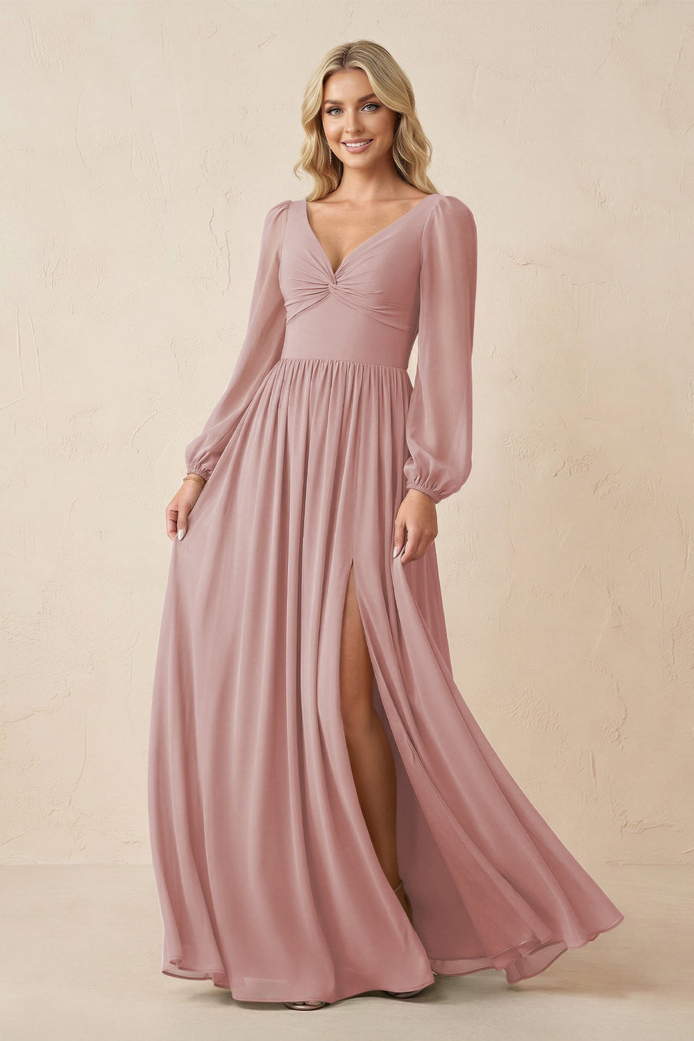 Long Sleeve V - Neck A - Line Chiffon Bridesmaid Dress in Dusty Rose - KISS BRIDAL Bridesmaid Dresses