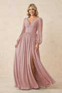 Long Sleeve V - Neck A - Line Chiffon Bridesmaid Dress in Dusty Rose - SHE IS ME Bridesmaid Dresses