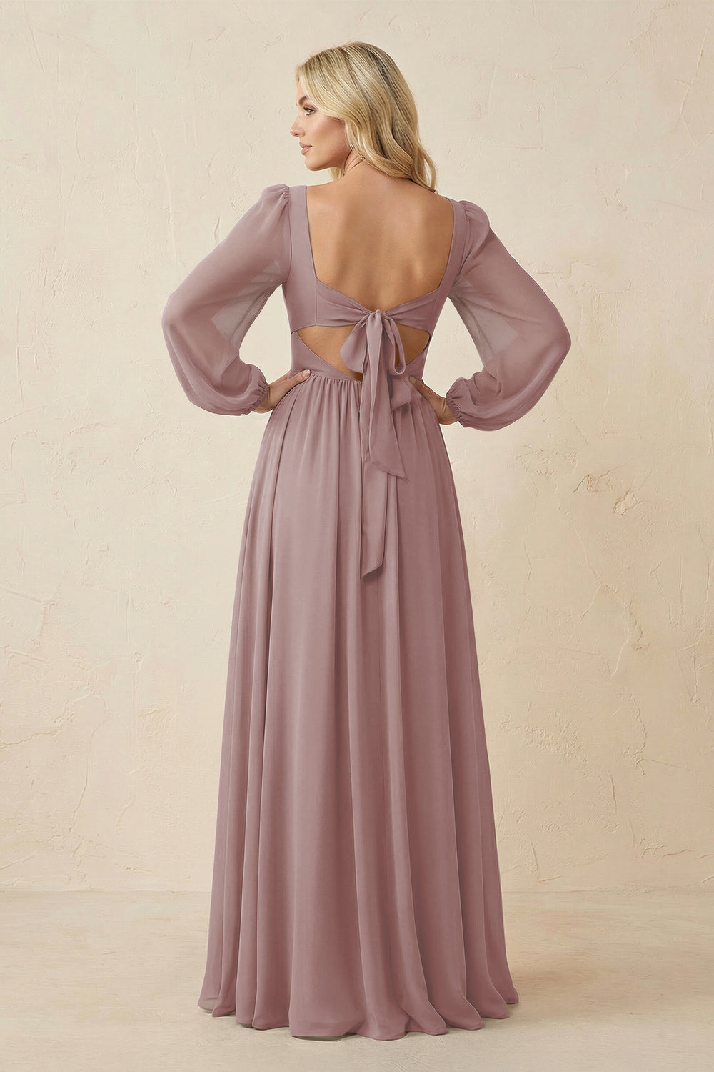 Long Sleeve V-Neck A-Line Chiffon Bridesmaid Dress in Dusty Rose