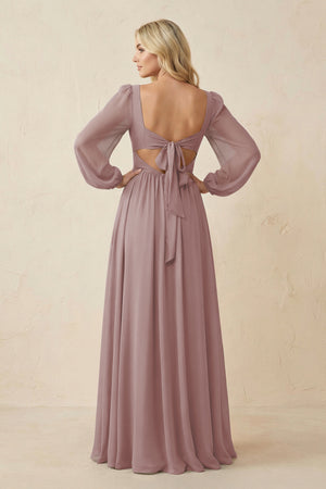 Long Sleeve V-Neck A-Line Chiffon Bridesmaid Dress in Dusty Rose (2) | KISSBRIDAL