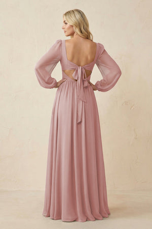 Long Sleeve V - Neck A - Line Chiffon Bridesmaid Dress in Dusty Rose - SHE IS ME Bridesmaid Dresses