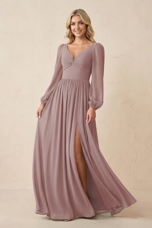 Long Sleeve V-Neck A-Line Chiffon Bridesmaid Dress in Dusty Rose | KISSBRIDAL