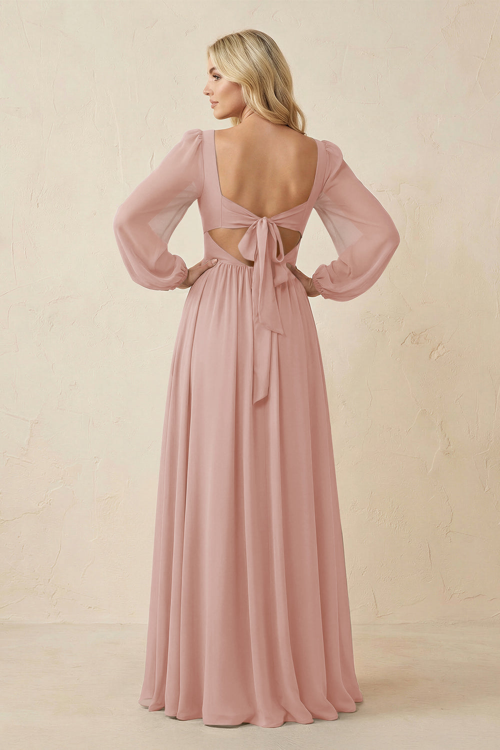 Long Sleeve V-Neck A-Line Chiffon Bridesmaid Dress in English Rose