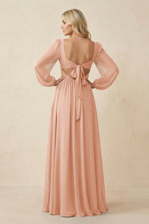 Long Sleeve V - Neck A - Line Chiffon Bridesmaid Dress in English Rose - SHE IS ME Bridesmaid Dresses