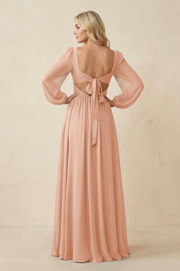 Long Sleeve V - Neck A - Line Chiffon Bridesmaid Dress in English Rose - SHE IS ME Bridesmaid Dresses