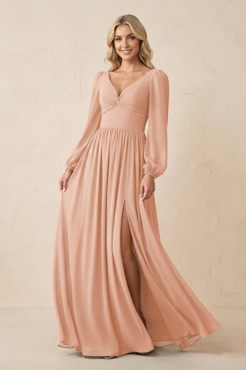 Long Sleeve V-Neck A-Line Chiffon Bridesmaid Dress in English Rose