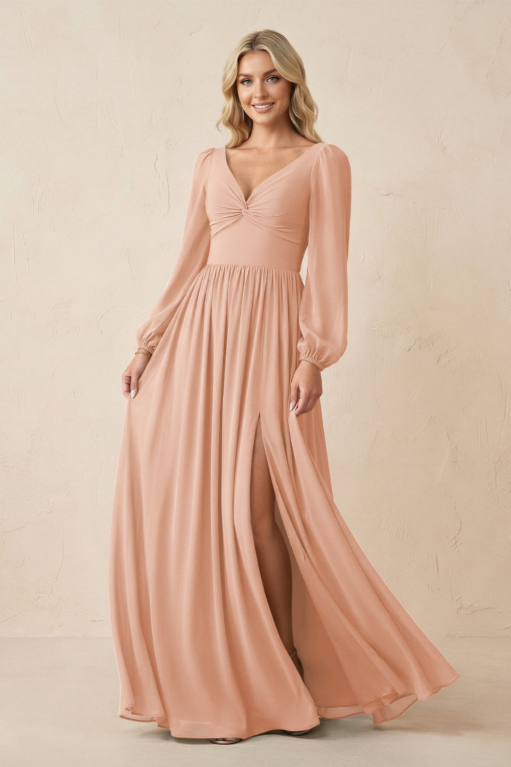 Long Sleeve V - Neck A - Line Chiffon Bridesmaid Dress in English Rose - KISS BRIDAL Bridesmaid Dresses