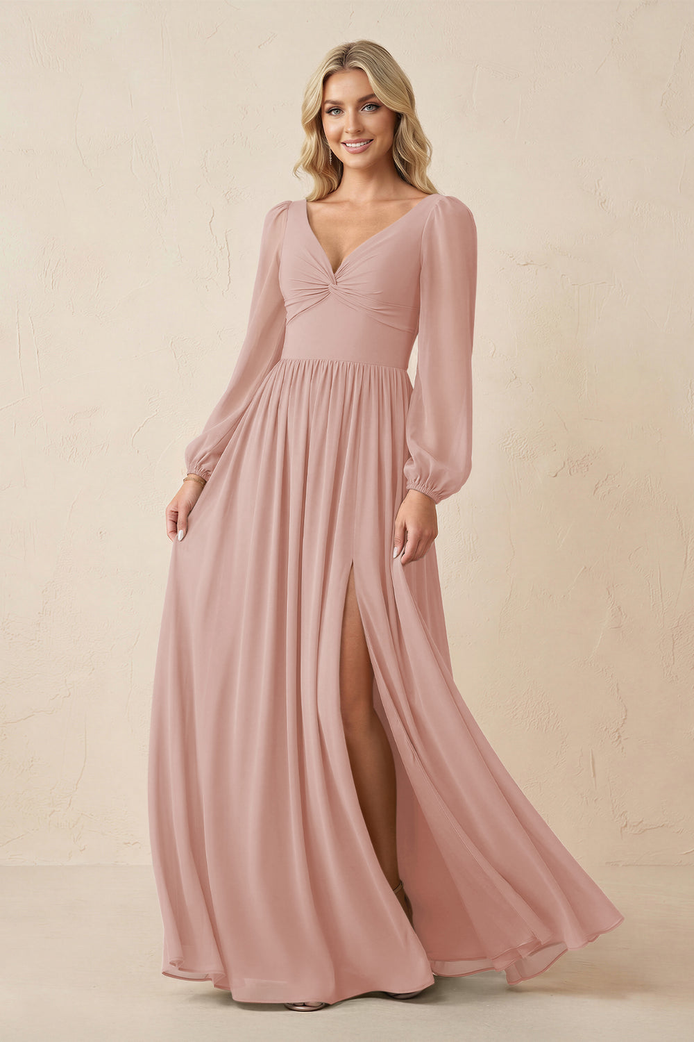 Long Sleeve V-Neck A-Line Chiffon Bridesmaid Dress in English Rose