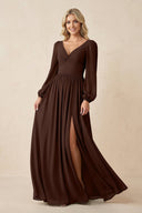 Long Sleeve V - Neck A - Line Chiffon Bridesmaid Dress in Espresso - SHE IS ME Bridesmaid Dresses
