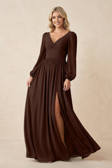 Long Sleeve V - Neck A - Line Chiffon Bridesmaid Dress in Espresso - KISS BRIDAL Bridesmaid Dresses