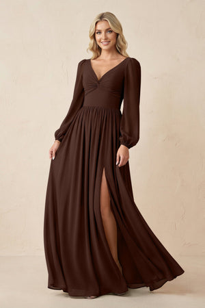 Long Sleeve V - Neck A - Line Chiffon Bridesmaid Dress in Espresso - SHE IS ME Bridesmaid Dresses