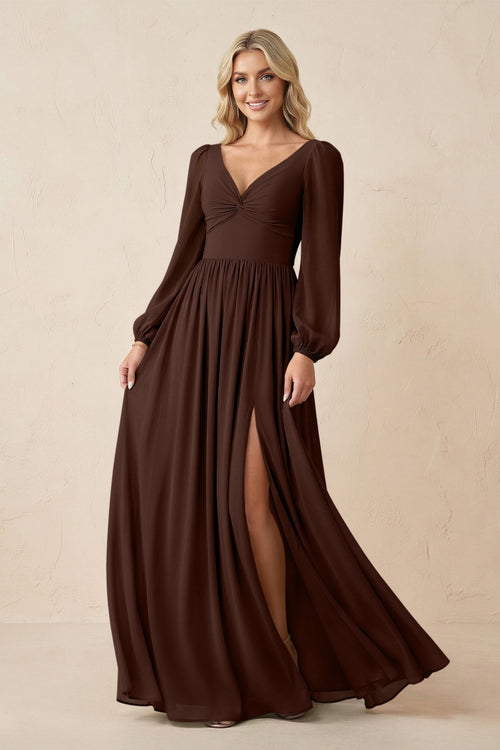 Long Sleeve V - Neck A - Line Chiffon Bridesmaid Dress in Espresso - SHE IS ME Bridesmaid Dresses
