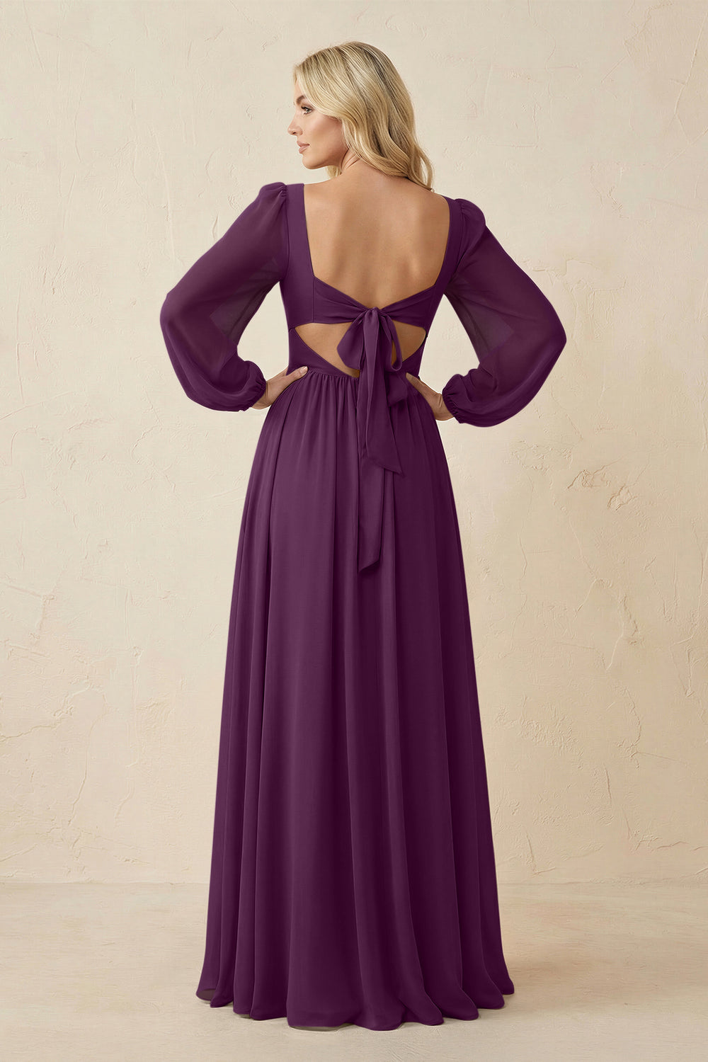 Long Sleeve V-Neck A-Line Chiffon Bridesmaid Dress in Fig