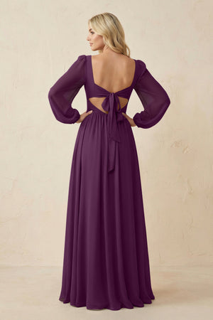 Long Sleeve V-Neck A-Line Chiffon Bridesmaid Dress in Fig (2) | KISSBRIDAL