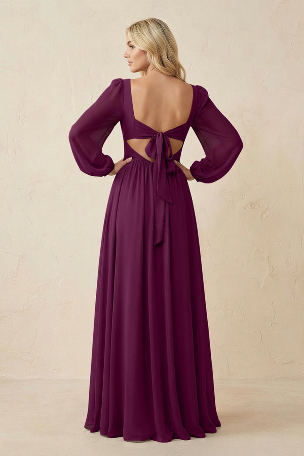 Long Sleeve V - Neck A - Line Chiffon Bridesmaid Dress in Fig - SHE IS ME Bridesmaid Dresses