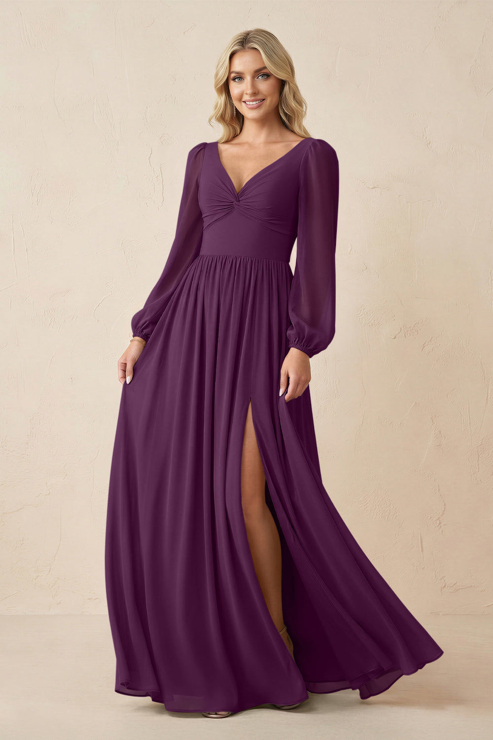 Long Sleeve V-Neck A-Line Chiffon Bridesmaid Dress in Fig