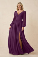 Long Sleeve V-Neck A-Line Chiffon Bridesmaid Dress in Fig | KISSBRIDAL