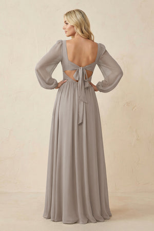 Long Sleeve V-Neck A-Line Chiffon Bridesmaid Dress in Frost (2) | KISSBRIDAL