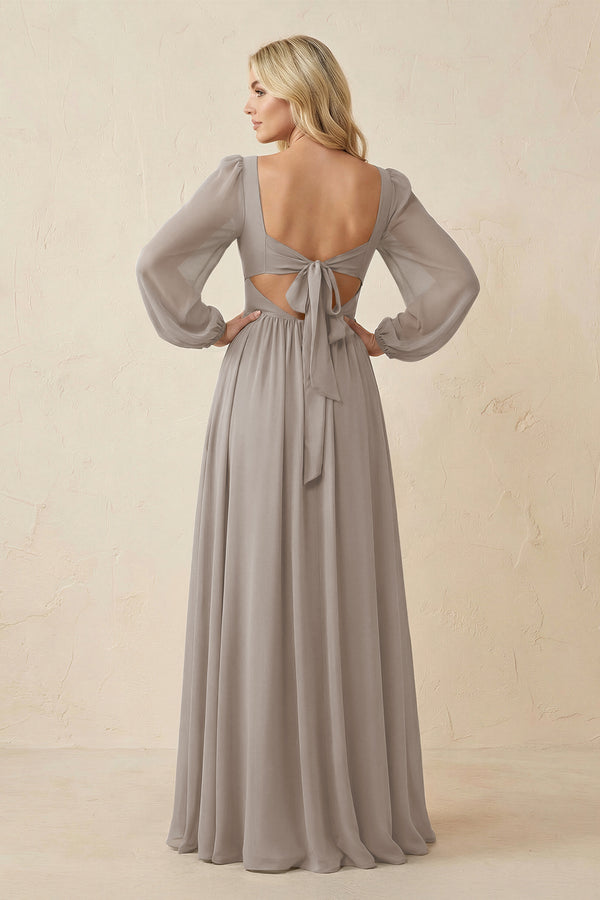 Long Sleeve V-Neck A-Line Chiffon Bridesmaid Dress in Frost (2) | KISSBRIDAL