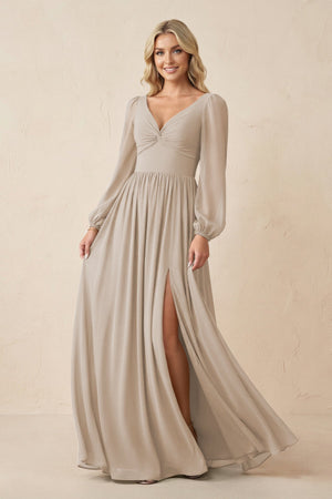 Long Sleeve V - Neck A - Line Chiffon Bridesmaid Dress in Frost - SHE IS ME Bridesmaid Dresses