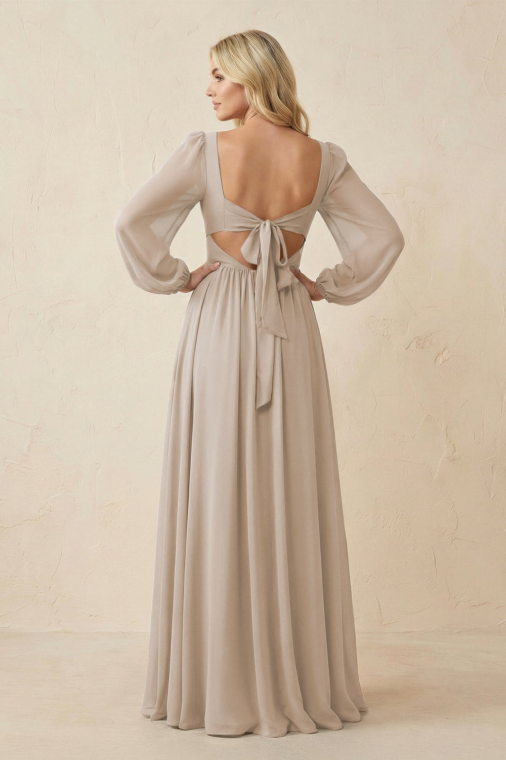 Long Sleeve V - Neck A - Line Chiffon Bridesmaid Dress in Frost - KISS BRIDAL Bridesmaid Dresses