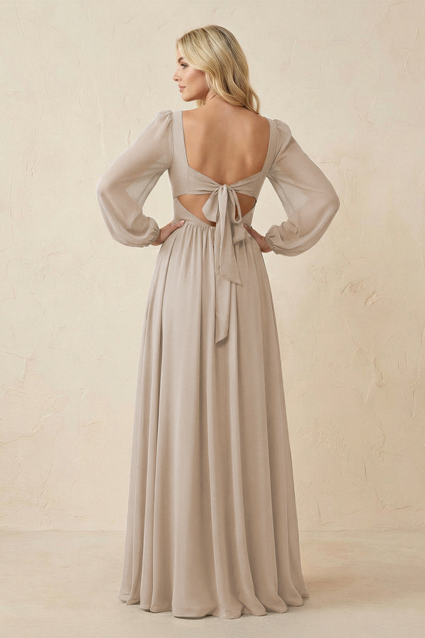 Long Sleeve V - Neck A - Line Chiffon Bridesmaid Dress in Frost - SHE IS ME Bridesmaid Dresses