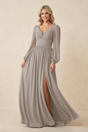 Long Sleeve V-Neck A-Line Chiffon Bridesmaid Dress in Frost | KISSBRIDAL