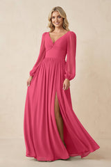 Long Sleeve V - Neck A - Line Chiffon Bridesmaid Dress in Fuchsia - KISS BRIDAL Bridesmaid Dresses