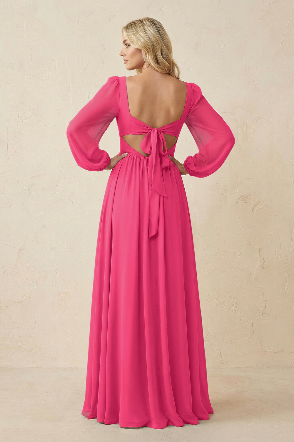 Long Sleeve V-Neck A-Line Chiffon Bridesmaid Dress in Fuchsia