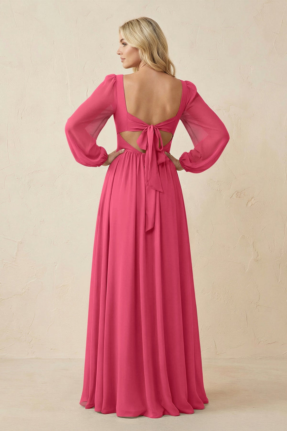 Long Sleeve V - Neck A - Line Chiffon Bridesmaid Dress in Fuchsia - KISS BRIDAL Bridesmaid Dresses