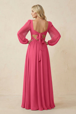 Long Sleeve V - Neck A - Line Chiffon Bridesmaid Dress in Fuchsia - SHE IS ME Bridesmaid Dresses