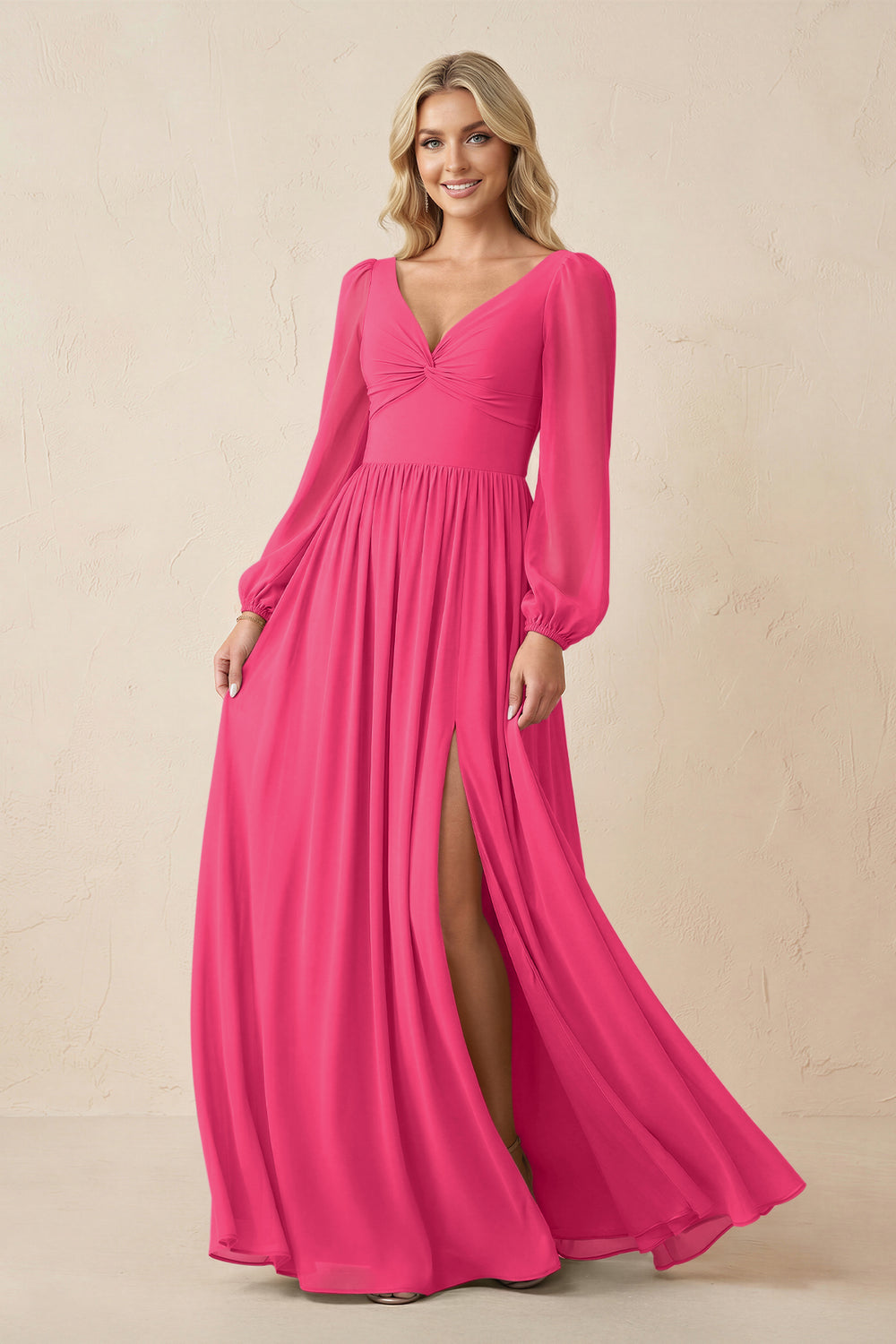 Long Sleeve V-Neck A-Line Chiffon Bridesmaid Dress in Fuchsia