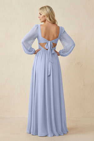 Long Sleeve V-Neck A-Line Chiffon Bridesmaid Dress in Ice (2) | KISSBRIDAL