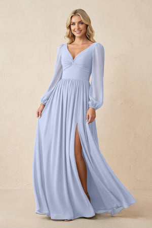 Long Sleeve V - Neck A - Line Chiffon Bridesmaid Dress in Ice - SHE IS ME Bridesmaid Dresses